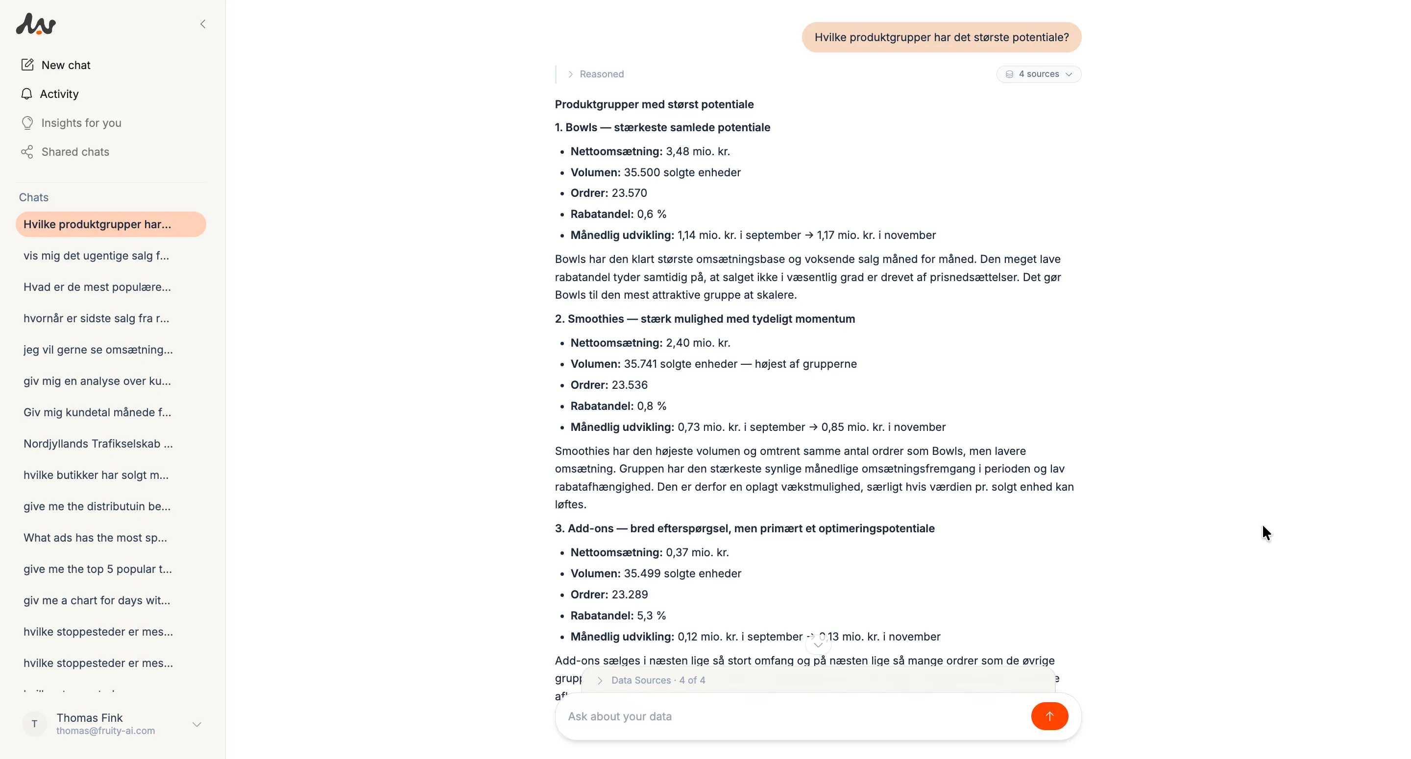 Marmalade answer comparing the potential of product groups using revenue, volume and growth.