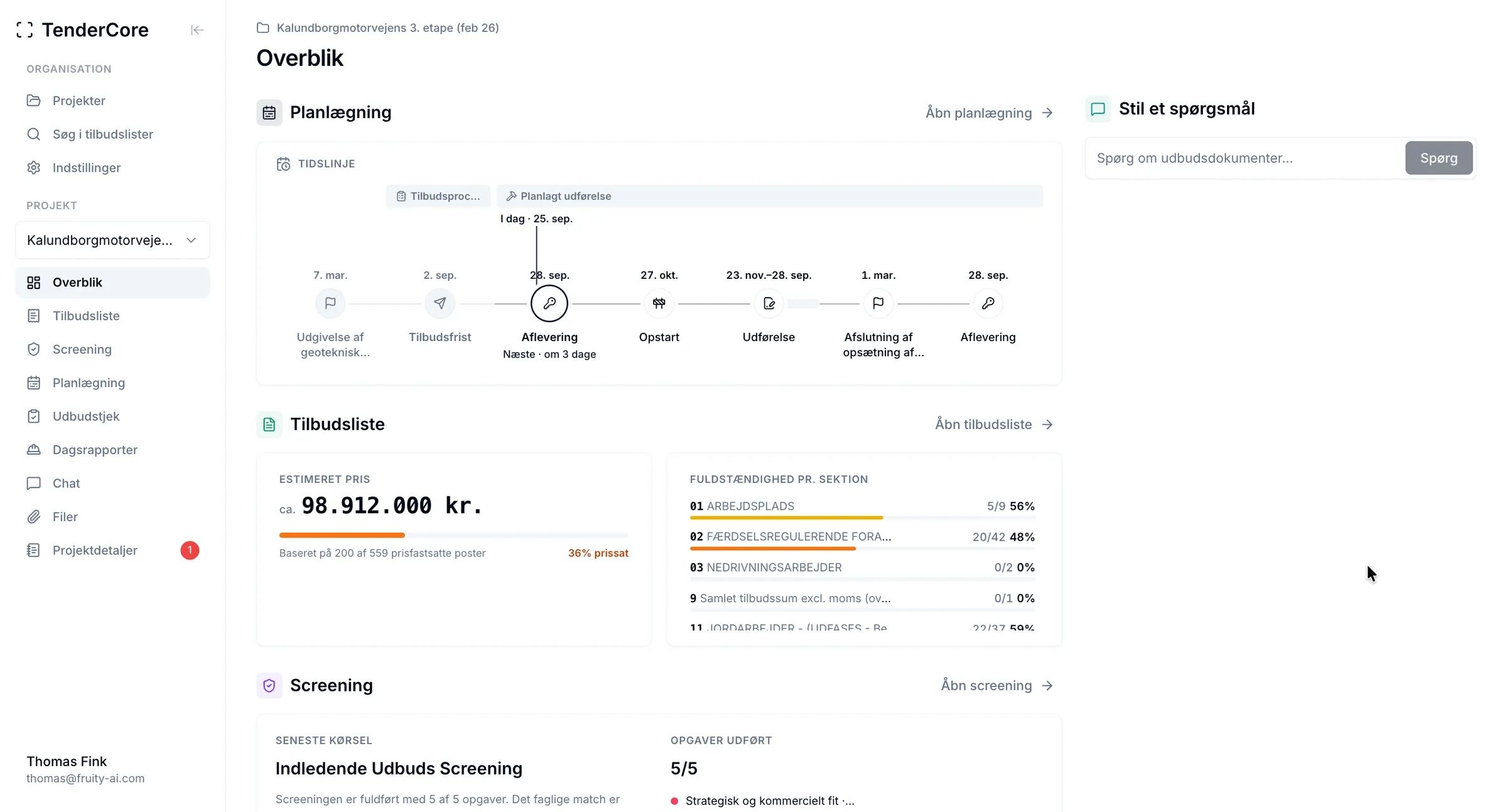 TenderCore brings a project timeline, bill of quantities, cost estimate and screening together in one overview.