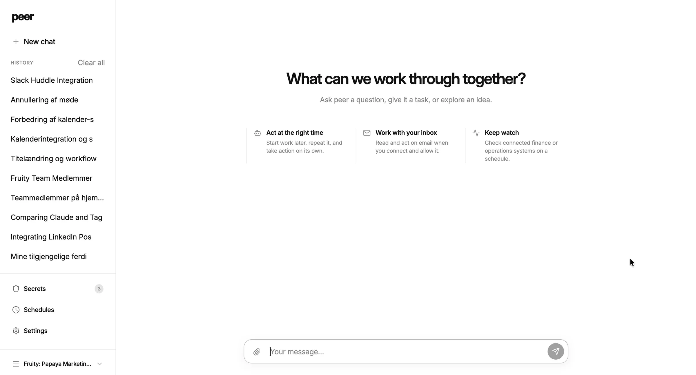 Peer shows its starting workspace with conversation history and scheduled-task options.